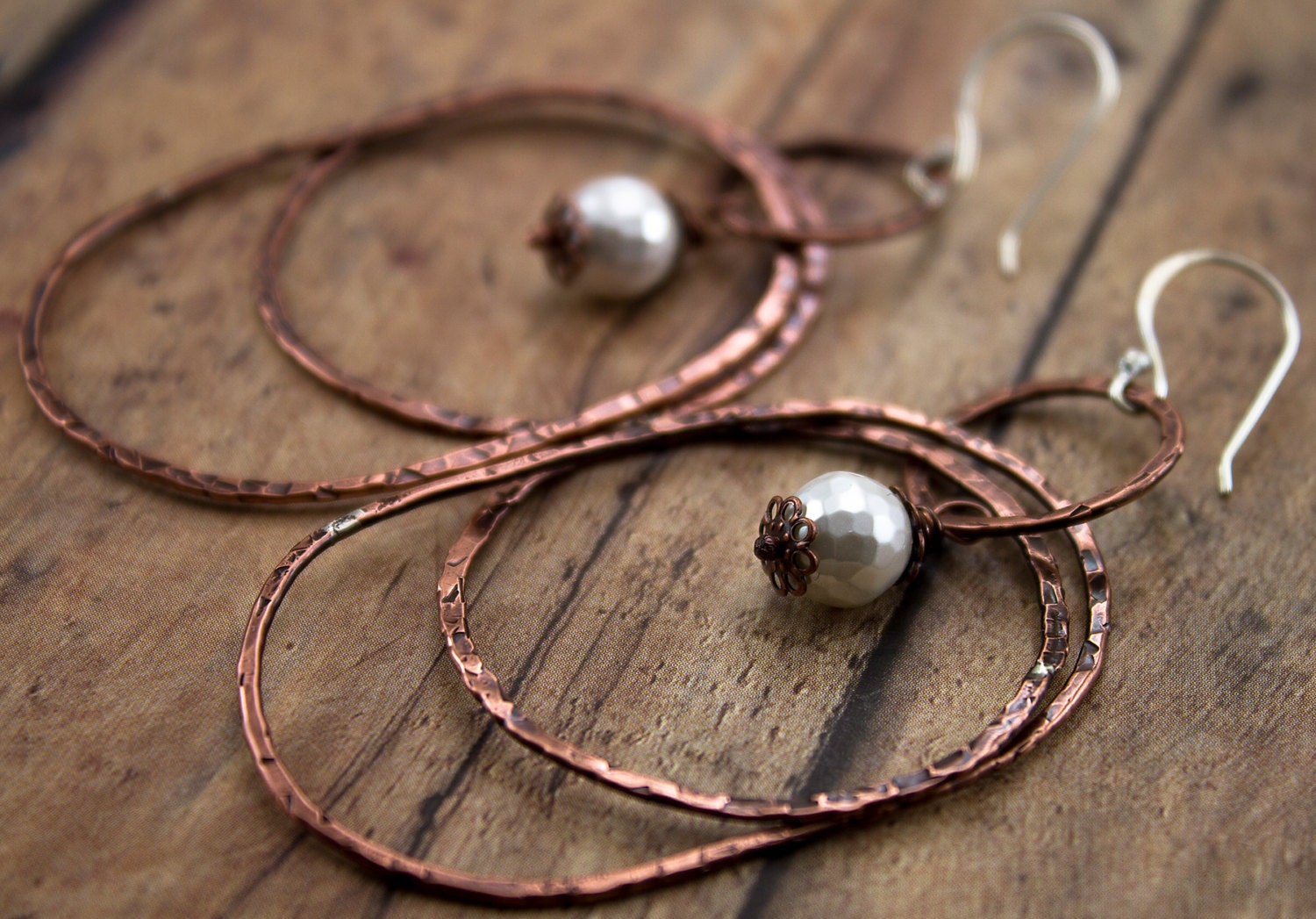 Extra large copper and mother of pearl dangle earrings-Sterling silver earwires