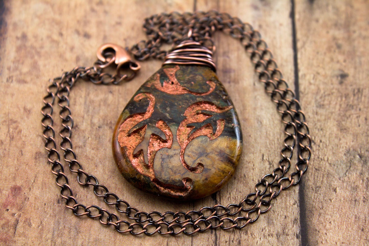 Autumn Breeze necklace-African green opal stone-Engraved pendant