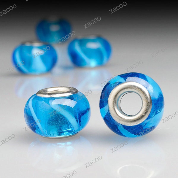 5pcs Lampwork Glass Large Hole Beads Lake Blue 14x14mm LB0096