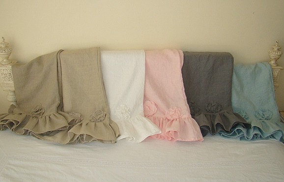 Ruffled Linen Pillow Case / Sham Standard Size With Tattered Flowers Choose Your Color