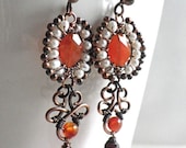 Wire wrapped handmade earrings copper Carnelian Pearl gemstone jewelry