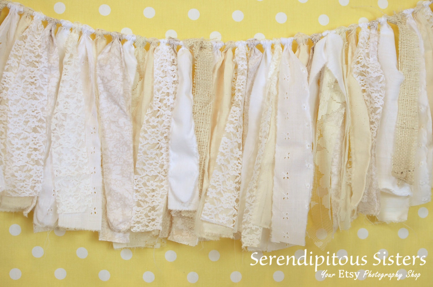 Shabby Chic Torn Fabric Bunting, Photography Banner, Wedding Banner- Cream and White Lace and Fabric READY TO SHIP