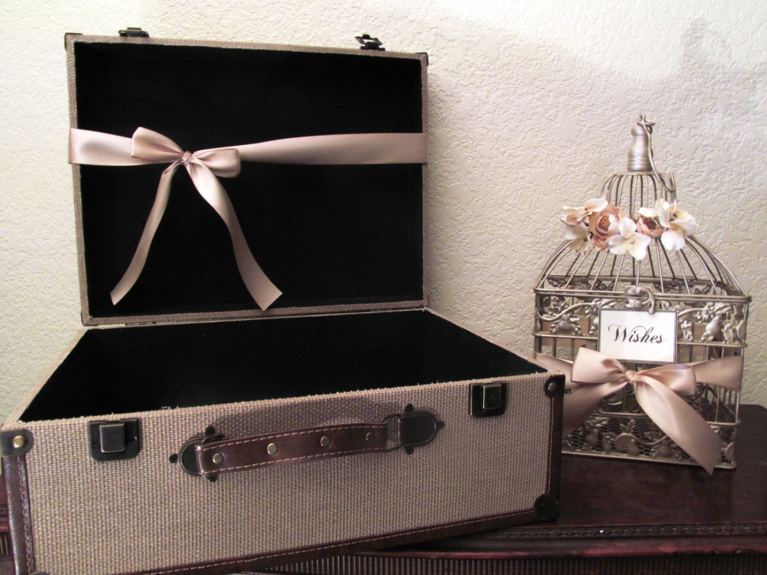 Wedding Card Box Holder / Wishes / Set of Vintage Style Rustic Suitcase / Burlap / Program Holder / champagne Birdcage