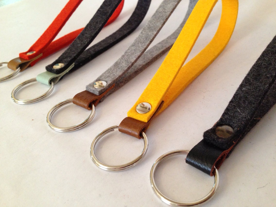 Bright yellow felt and leather keychain wrist strap