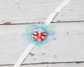 Aqua Lace and Rosette with Red Accents- Ready To Ship