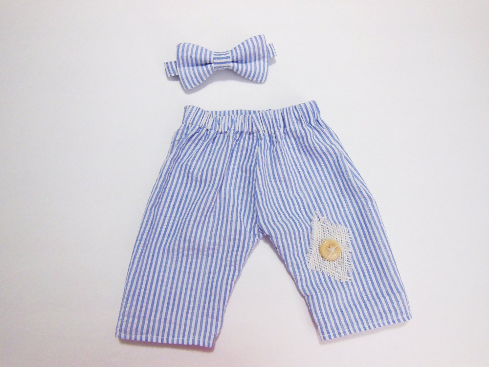Newborn Boy Photo Prop Pants Set - Blue seersucker with knee detail & matching bow tie