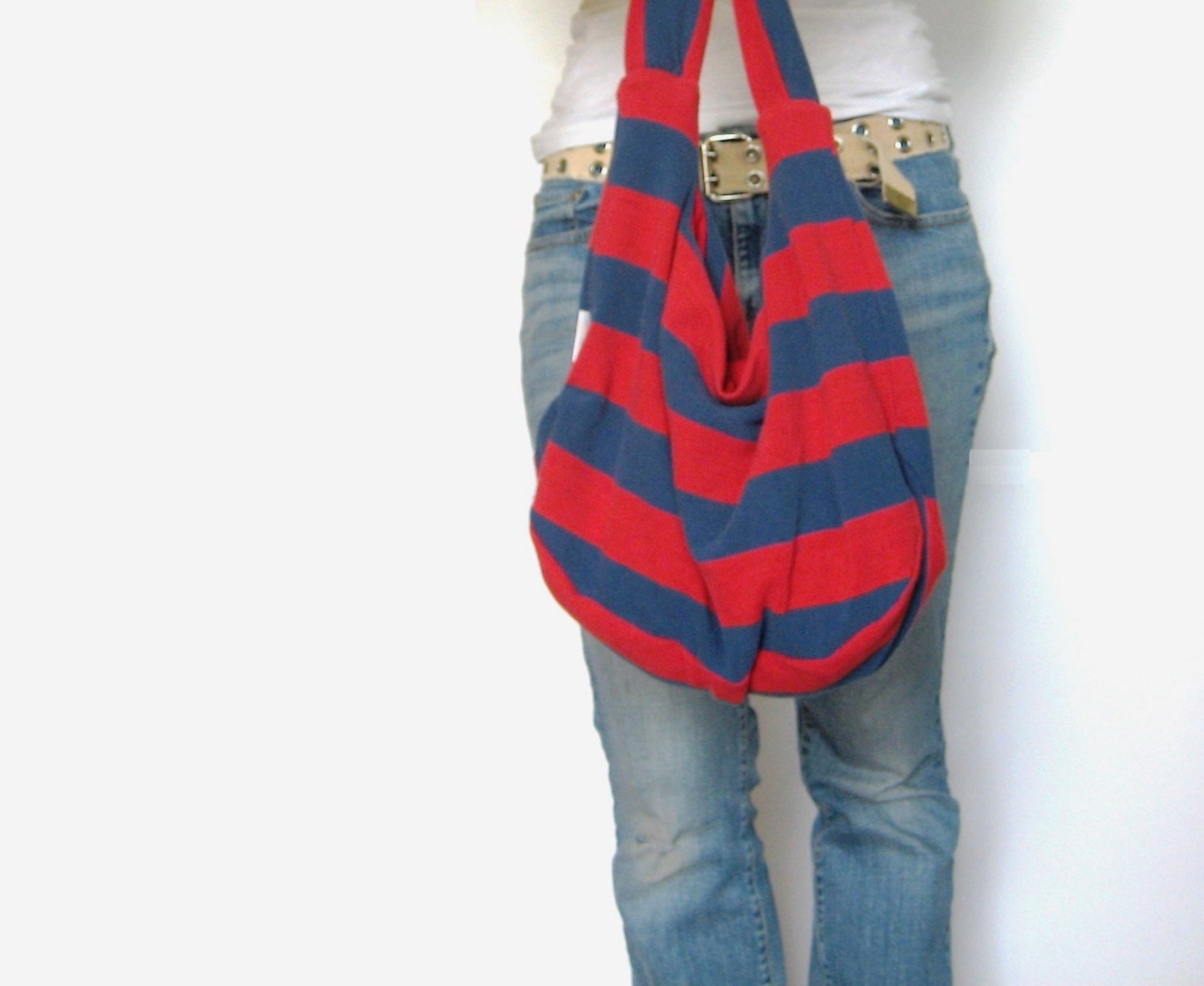Nautical Striped Fabric Purse. Hobo Bag. Boho Bag. Over Shoulder Carry Bag. Red and Navy Blue Wide Stripes. Upcycled Shirt. Eco Fashion.
