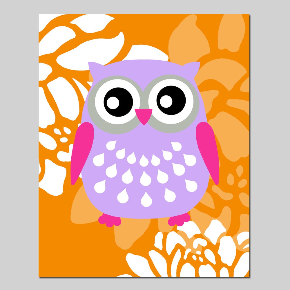 SALE - Modern 8x10 Floral Owl Silhouette Print - Faint Lilac Purple, Hot PInk, Orange, White - Nursery Art - Baby Girl
