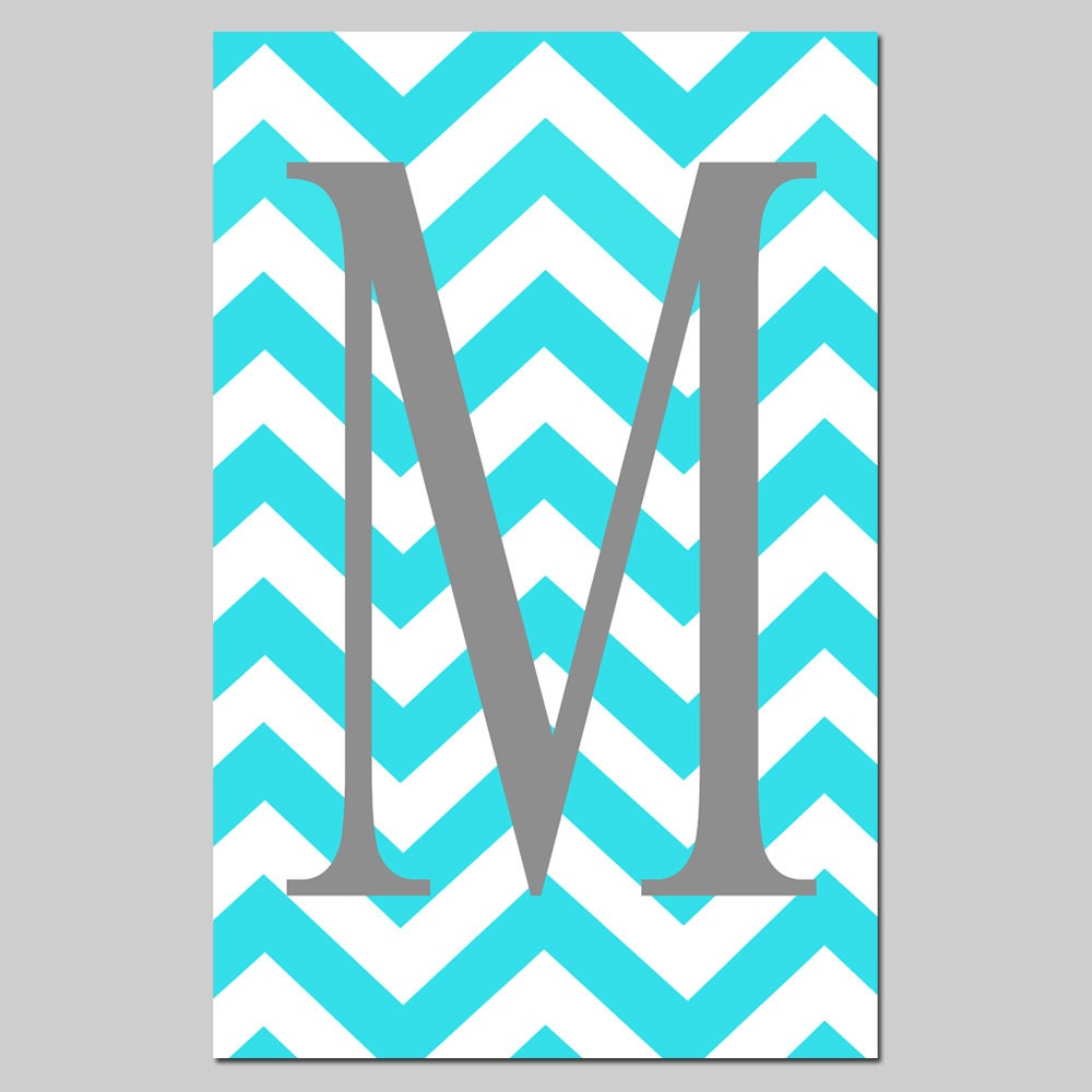 Items similar to SALE - 11x17 Print - Chevron Monogram Initial - Letter M ONLY - Aqua, Gray, and ...