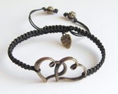 Antique Bronze Double Heart Bracelet, Macrame Bracelet, Adjustable Bracelet, Love Bracelet, Braided Bracelet