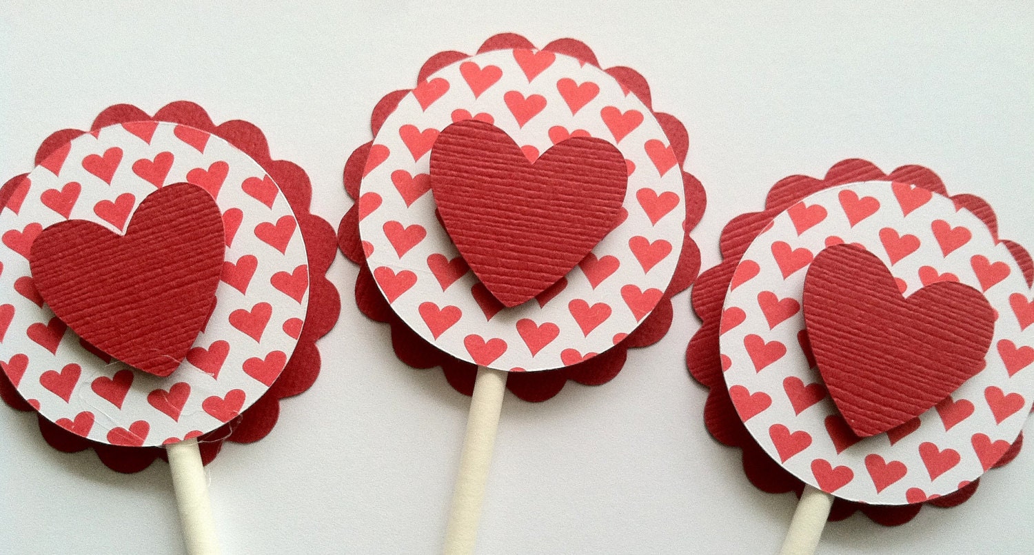 Valentine Cupcake Toppers, Valentine's Day Party Decorations, Heart Cupcake Topper, Set of 12