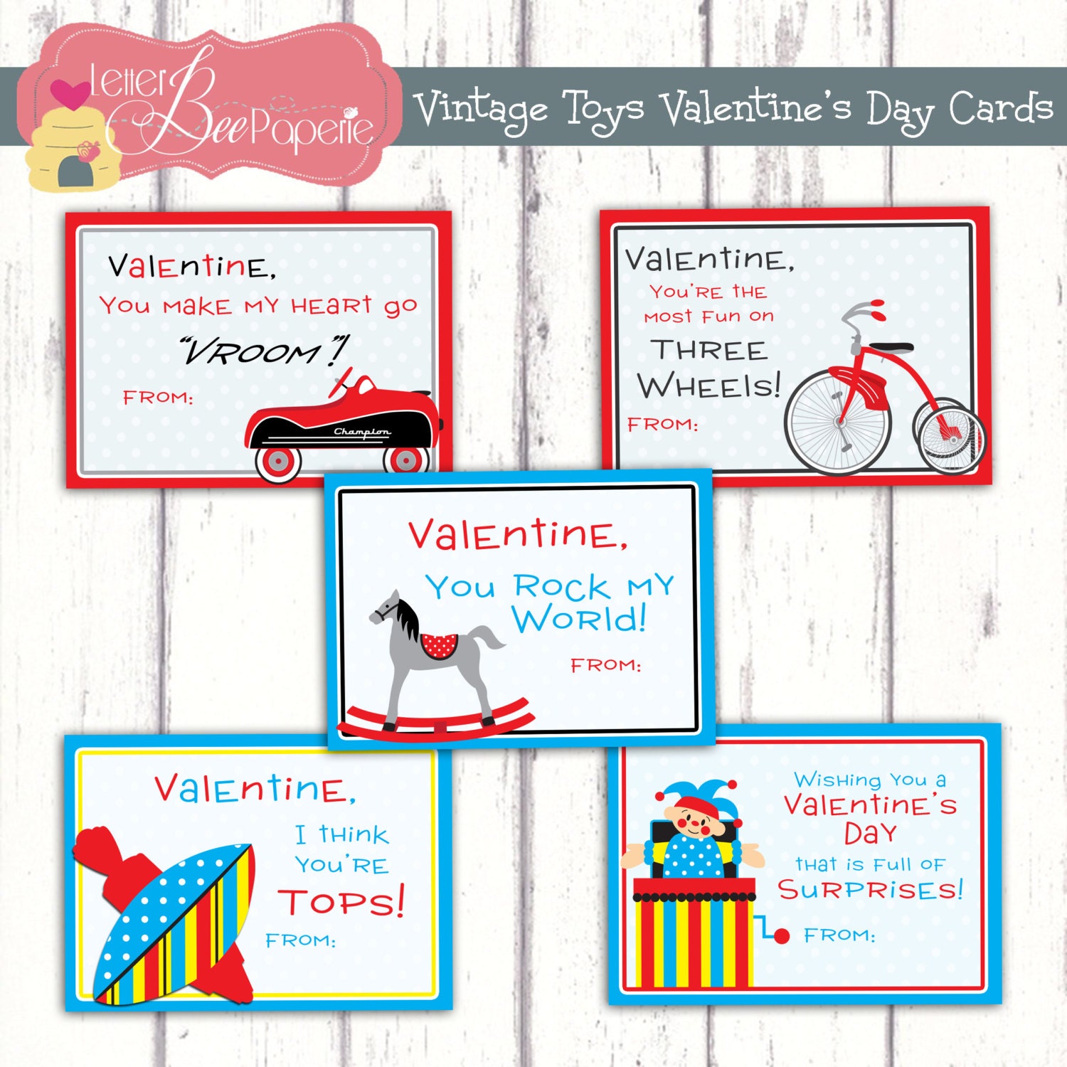 Vintage Toys - Inspired Kids Valentines Day Cards - Set of 5 - DIY Printable File Il_170x135