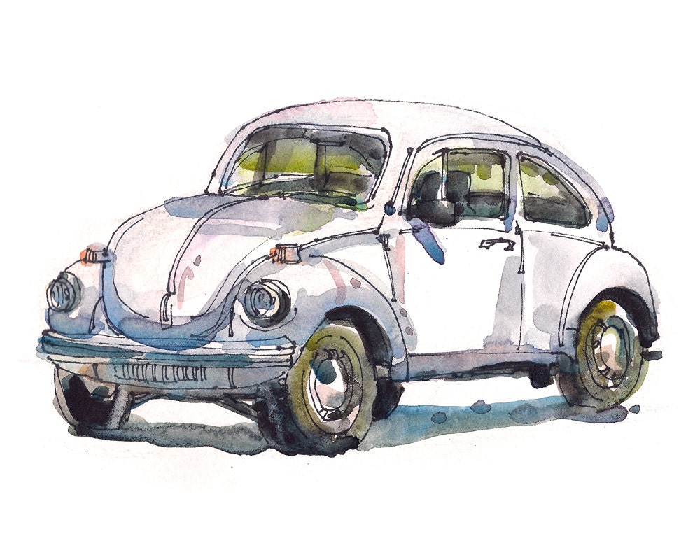 Volkswagen Beetle, Volkswagen Bug, Classic Car, a watercolor sketch in neutrals- 8x10 print