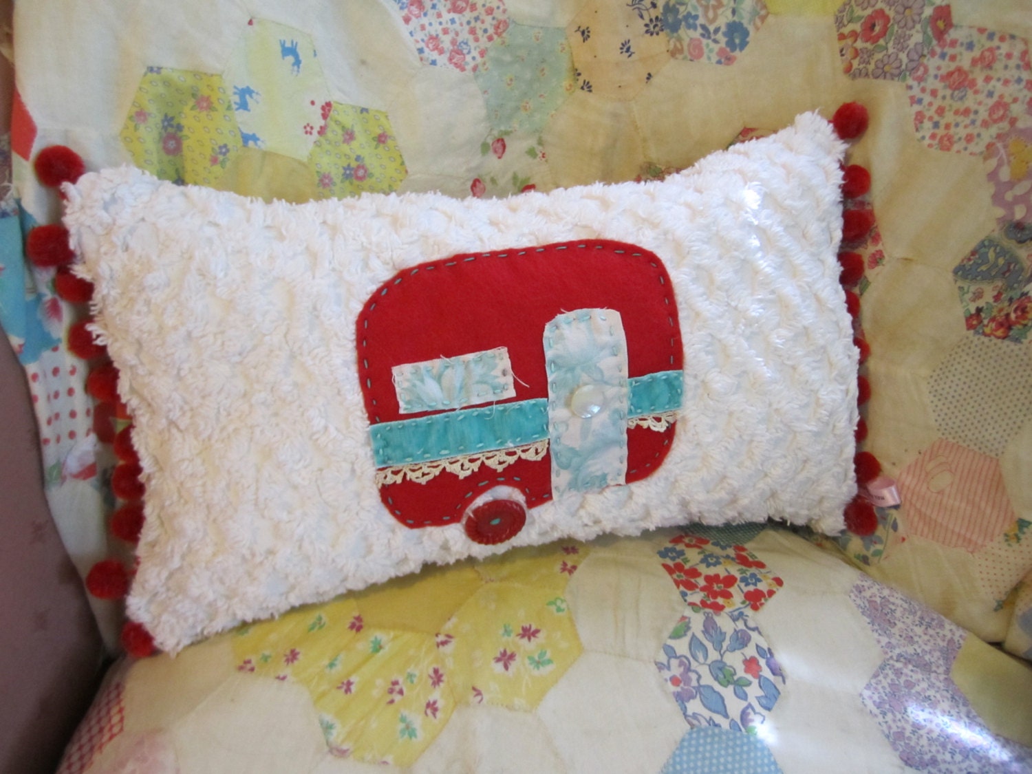 Vintage Chenille Handmade Pillow, Glamping, Chenille Handmade Trailer Pillow, Vintage Trailer