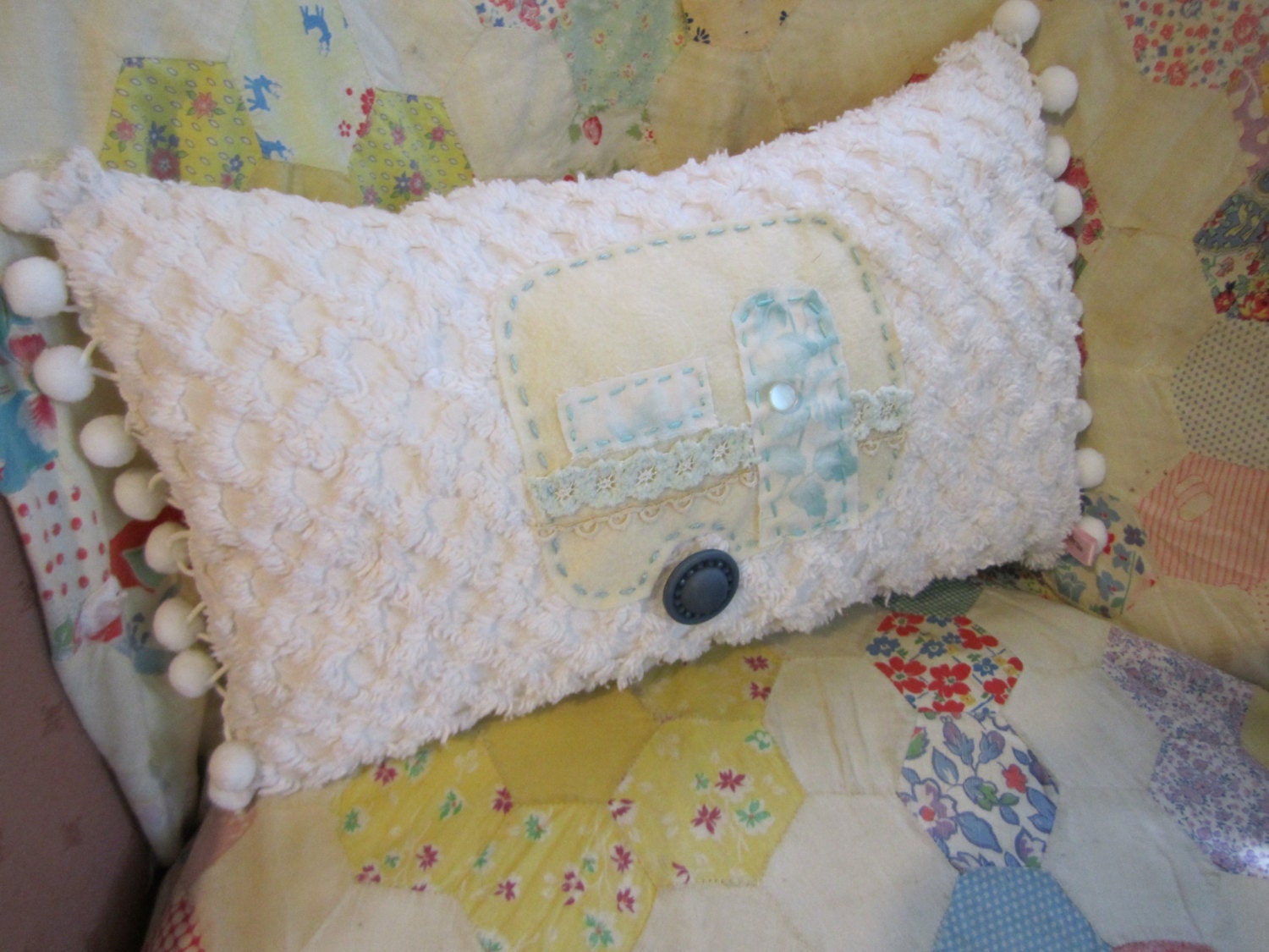 Vintage Trailer, Vintage Chenille Pillow, Handmade Chenille Pillow, Camping, Glamping