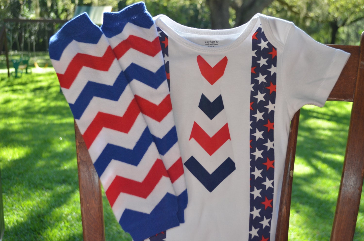 NEW Baby Boy Onesie WITH cHEvROn lEGwARmERs  Photo Prop 4th of July USA Coming Home Outfit
