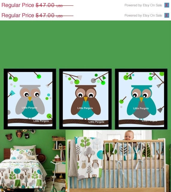 SALE Art Print for kids, Matches Dwell Studio Owl Sky bedding, can also change Owl Colors, for Toddler Room Wall Art 8"x10" Set of Three Pr