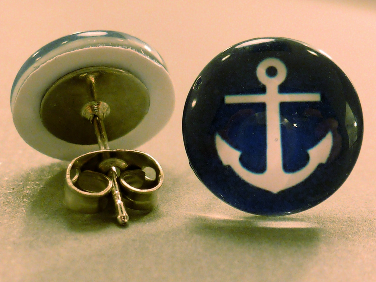 Anchor Studs: Blue Anchor Cabachon Studs, Fake Plugs, Nautical Jewelry, Anchor Earrings, Summer