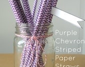 25 Purple Straws, Chevron Striped Paper Straws, Party Straws, Wedding Straws