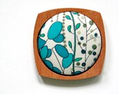 Wooden Brooch / Pendant - Liberty of London and Mahogany - Teal and Jade Vines