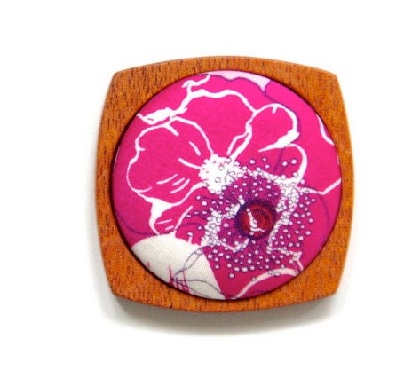 Wooden Brooch / Pendant - Liberty of London and Mahogany - Hot Pink White Black Purple Floral
