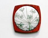 Liberty Wooden Brooch / Pendant - Danish Style  - Liberty of London fabric and Mahogany - Green White Floral