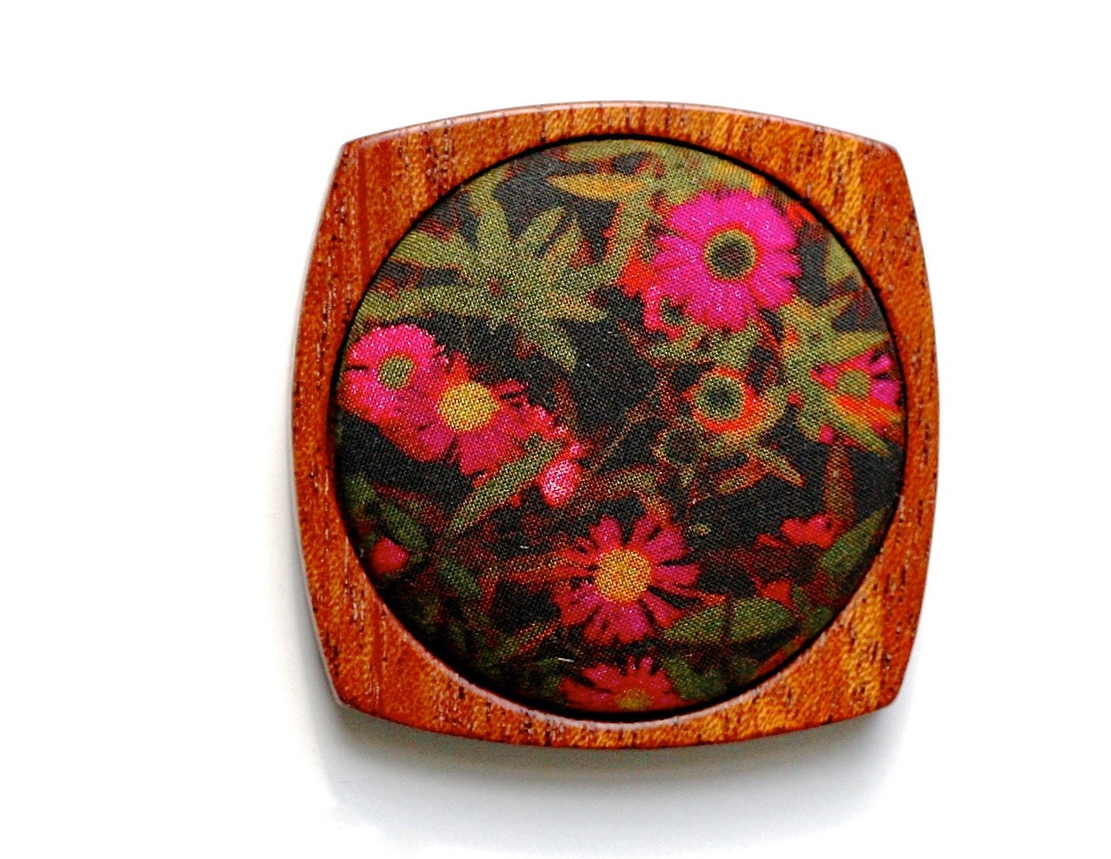 Liberty Wooden Brooch / Pendant - Danish Style  - Liberty of London fabric and Mahogany - Digital Print Floral Pink Olive Green Yellow