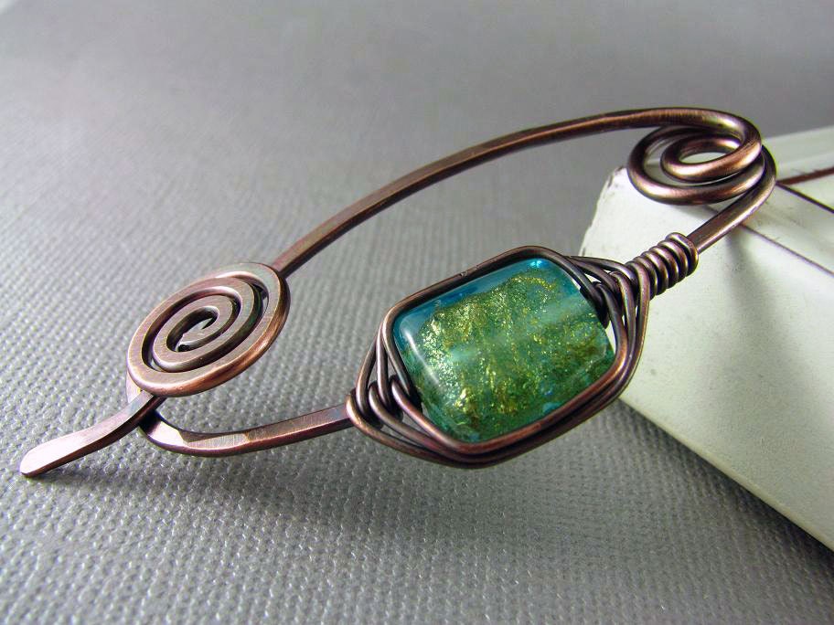 Shawl Pin Copper Wire Scarf or Sweater Pin Fibula Wire Wrapped Jewelry Hammered Copper Brooch