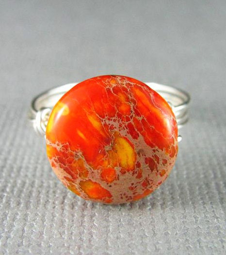 Wire Wrapped Ring Aqua Terra Jasper Gemstone Orange Ring Silver Nickel Free Wire Wrapped Jewelry