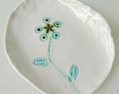 Spoon rest, flower motif, small dish, small plate, tuquoise crackled aqua porcelain plate, ring dish, soap dish