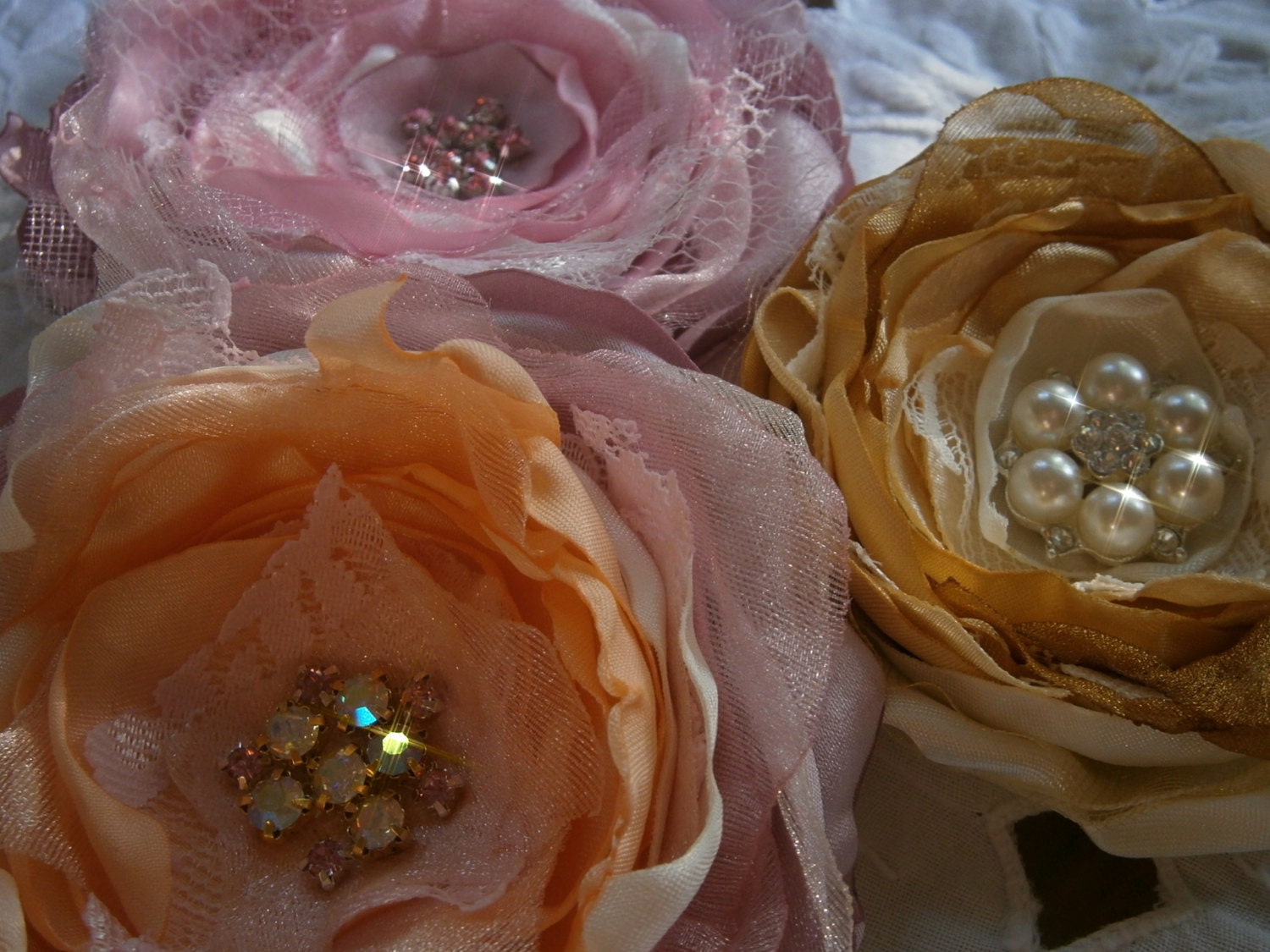Medium size fabric flowers in pink, ivory, gold, peach with rhinestone, hair flowers, flower pins, wedding flowers,bridal flower