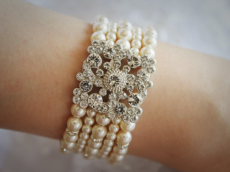 CALANTHA. Wedding Bracelet, Bridal Bracelet, Swarovski Pearl and Rhinestone Bridal Bracelet, Vintage Style Rhinestone Bracelet Jewelry