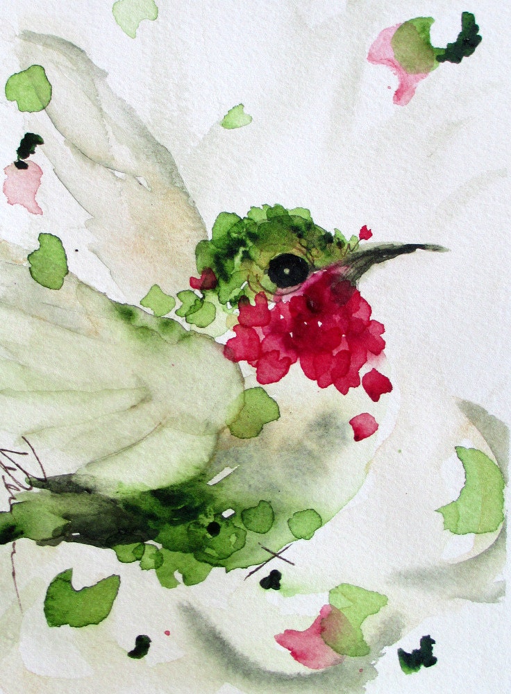 Hummingbird Watercolor, Original Bird Art Print Flying Ruby-Throated Hummingbird