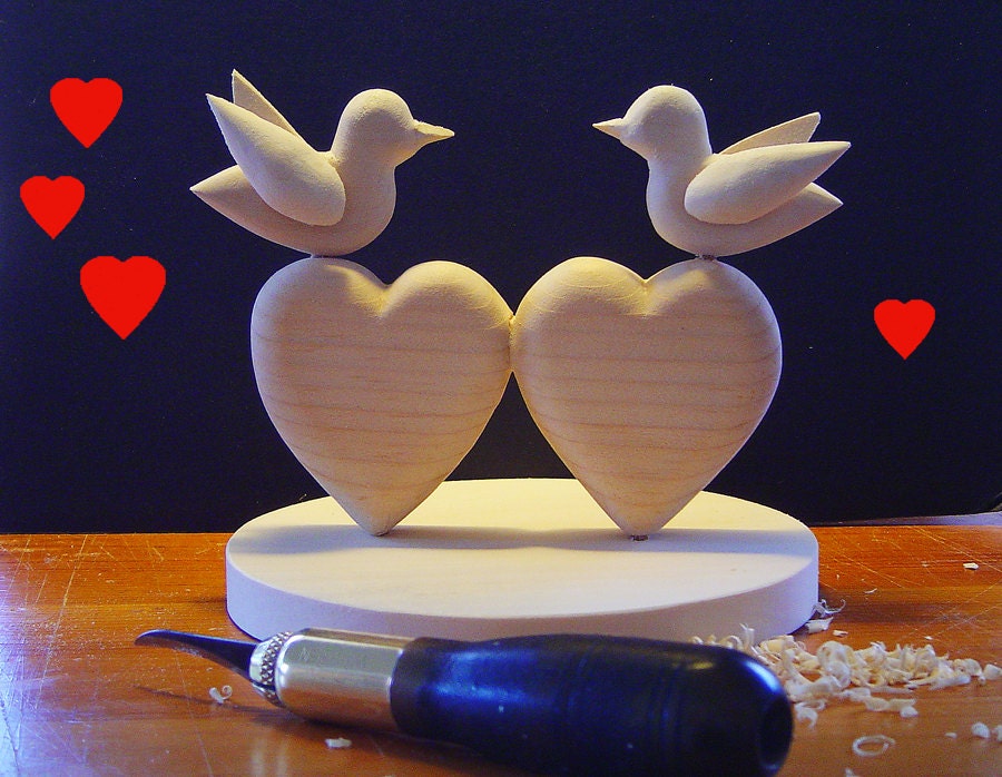 DIY Wedding Cake Topper - Two Lovebirds on Two Hearts - The Hand Carved Hearts are one pice of wood - Ready to finish your way