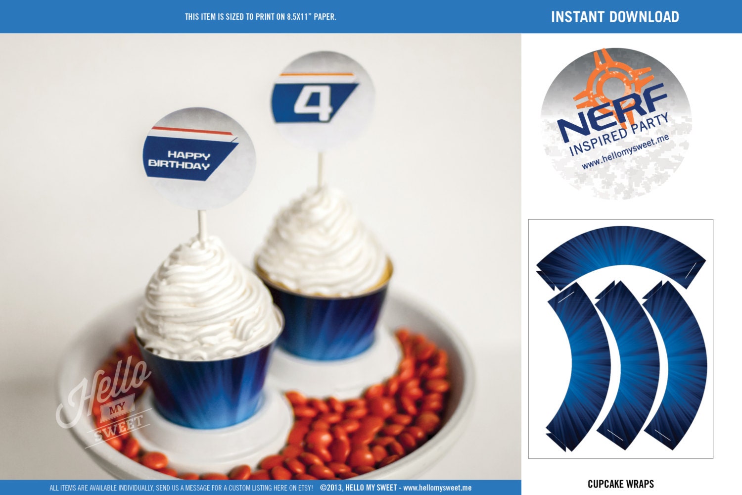 Nerf Cupcake Wraps - INSTANT DOWNLOAD - Printable Birthday Party Decorations - Blue Orange