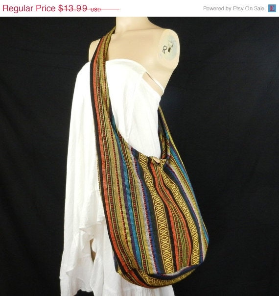 ON SALE Hand Woven Cotton Bag Purse Hobo Hippie Sling Crossbody Messenger IKAT Lined Top Zip A25