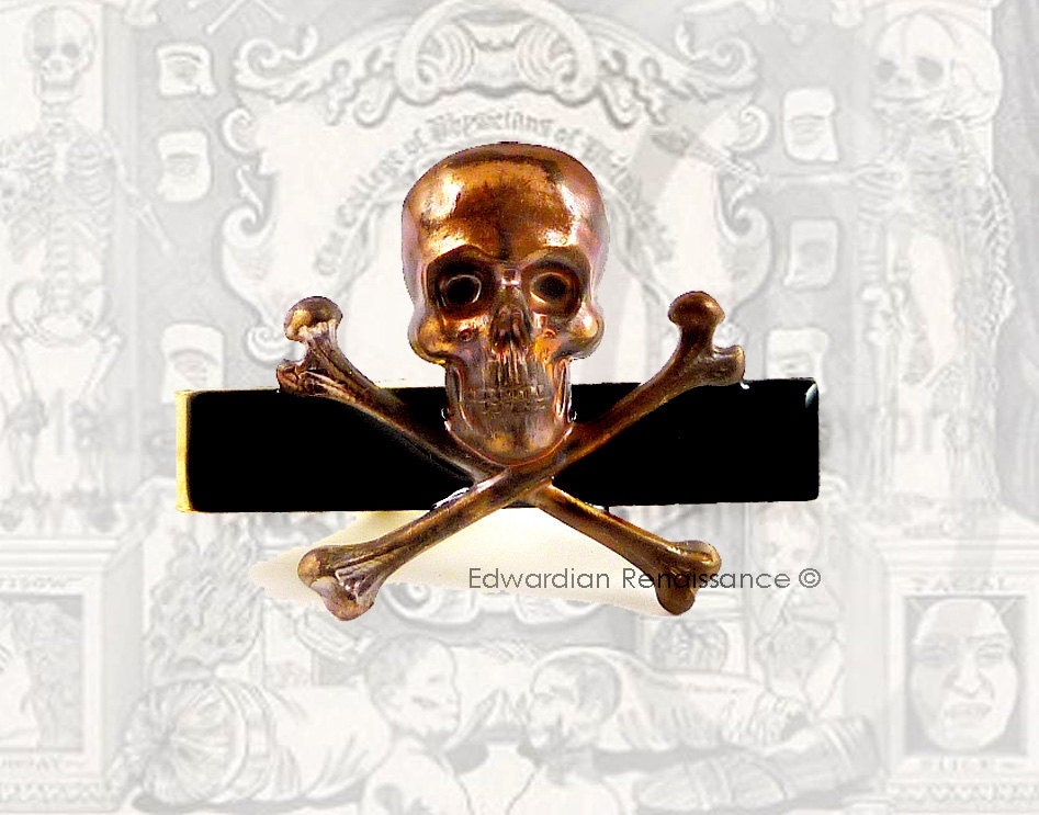 Skull Tie Clip with Crossbones Vintage Style Oxidized Gothic Skull Neck Tie Bar Accent Glossy Black Enamel