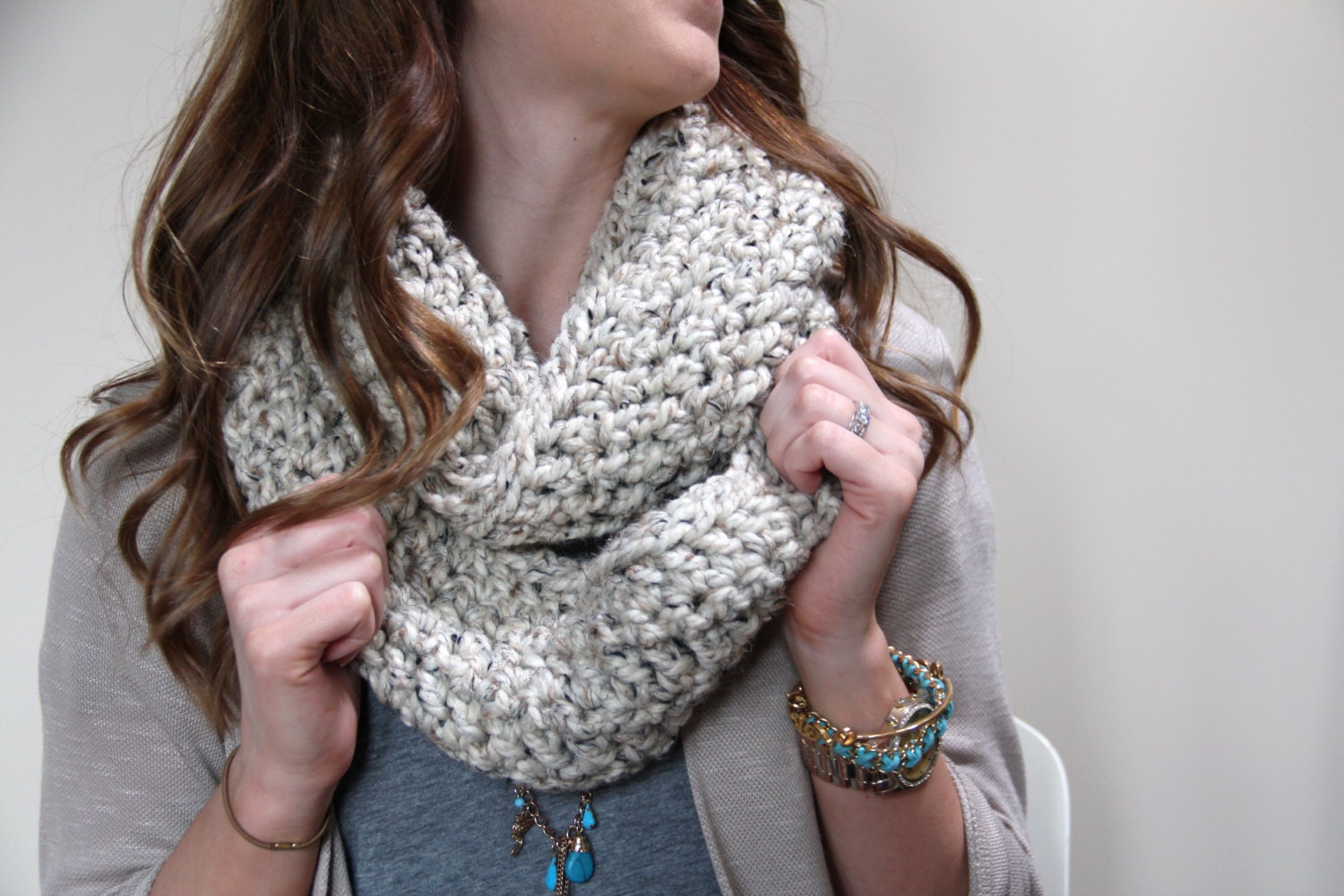 OATMEAL Crochet Long Chunky Infinity Scarf Loop Chunky Acrylic and Lamb's Wool Gift for Grandma,  Sister,  Daughter, Niece, Graduate