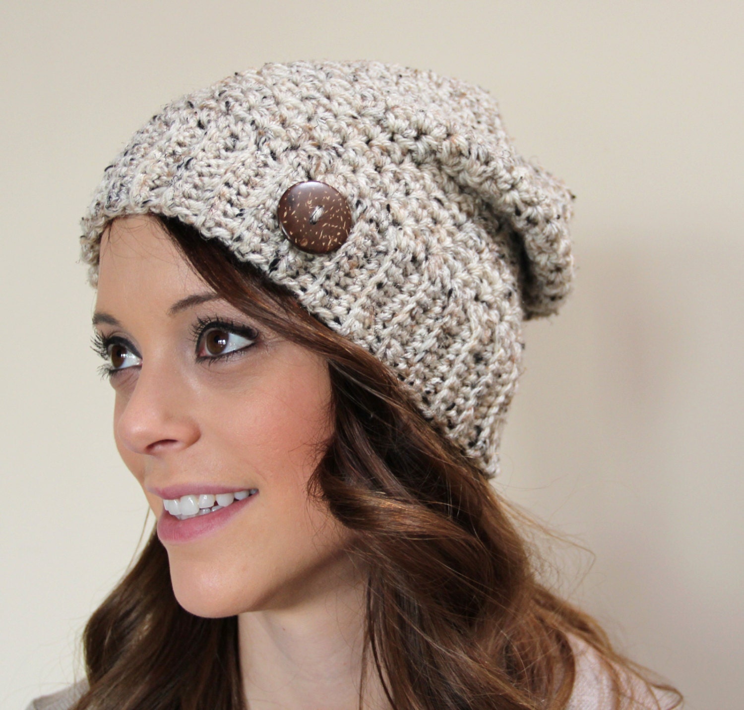 Slouchy hat beanie crocheted Oatmeal Handmade Tam Beret with Coconut Button Winter Spring Fashion, Women, Teen  Accessory, Girl Friend Gift