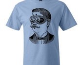Mens Steampunk Moustache Screen Printed Blue Tee Shirt