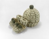 Knitted Baby Hat and Booties - Beige Gray, 6 - 12 month