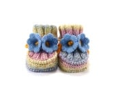 Knitted Baby Booties with Crochet Bell Flowers, Light Spring Pastels, 3 - 6 months
