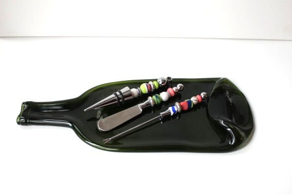 Handmade Lampwork Glass Beaded Appetizer Bar Set -- Cheese Canape Knife, Appetizer Fork, Bottle Stopper
