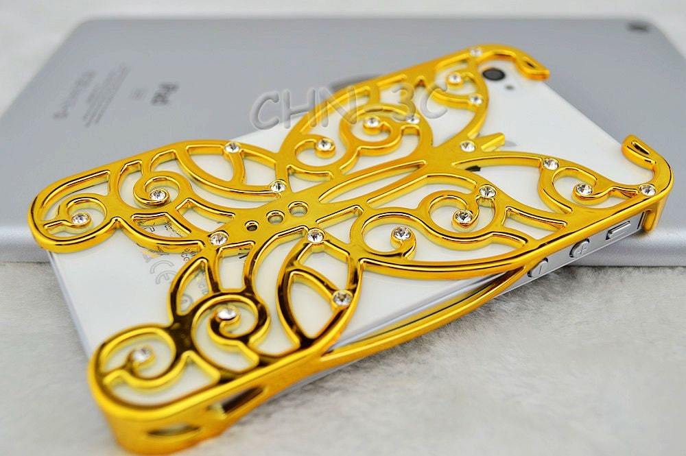 Iphone 4 4S Case - Luxury Handmade Lovely Bling Crystal Gold Butterfly Hollow Pattern Hard Back Chrome Case Cover Skin for iPhone 4 4G 4S
