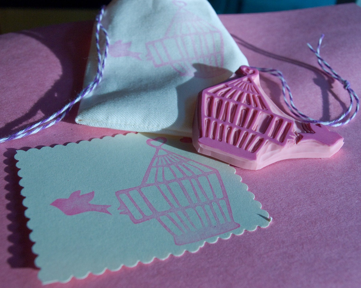 Bird Flying out of Birdcage Rubber Stamp Hand Carved Scrapbooking Card Paper Embellishment Supply
