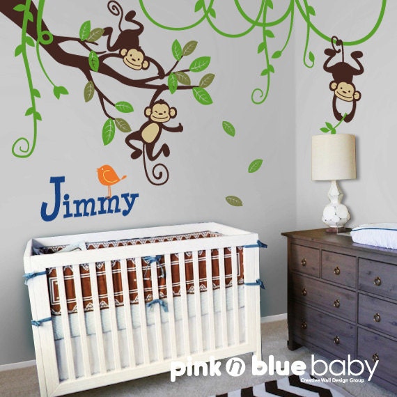 Kids Wall Decal, Monkeys on Branch and Vines - Nursery Wall Decal