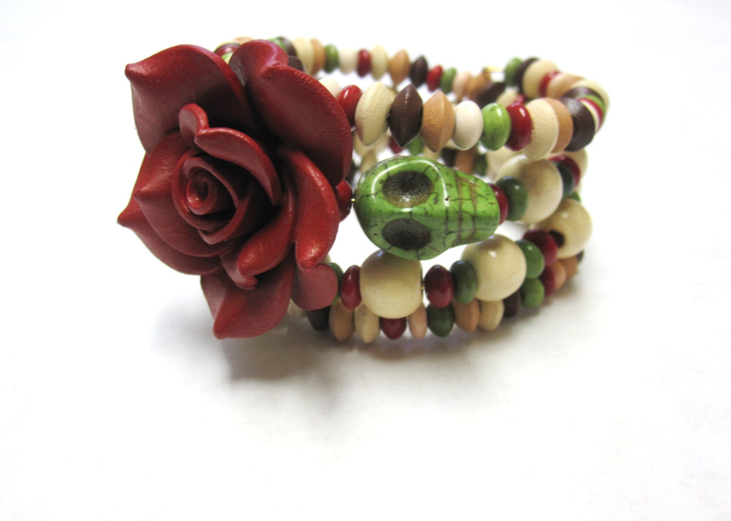 Sugar Skull Bracelet Day Of The Dead Cuff Jewelry Red Rose Wrap Wood Stone