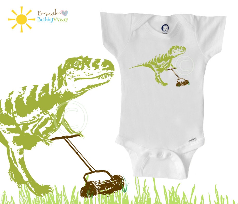 Organic dinosaur onesie bodysuit, T-rex with lawnmower, hipster baby, boy or girl