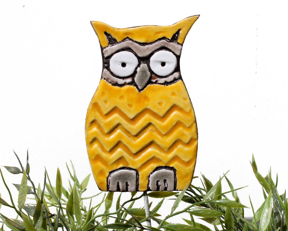owl plant stake -garden art - garden decor - window box decoration-  gift for teacher -'hedwig' - large yellow
