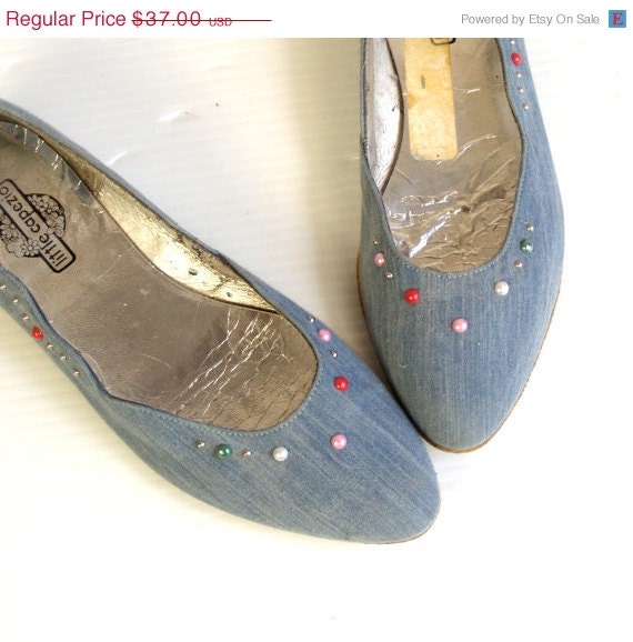 SALE vtg 80s chambray denim COLORFUL STUDDED Capezio Flats 7.5 scalloped skimmers shoes
